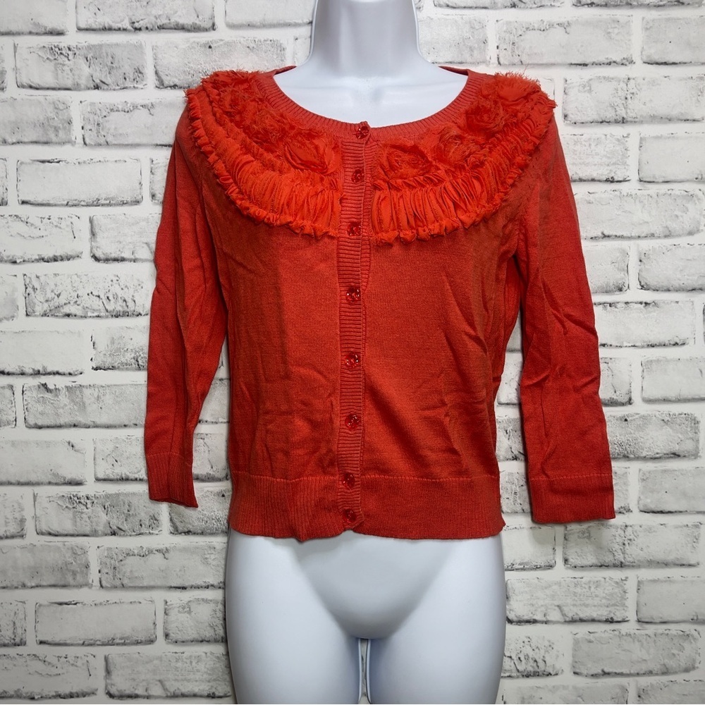 New York & Co. Orange Button Up Ruffled Floral Neckline Small